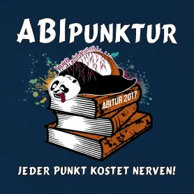 Illustration eines gestressten Pandas auf Büchern mit Text "ABI PUNKTUR" und "Jeder Punkt kostet Nerven".