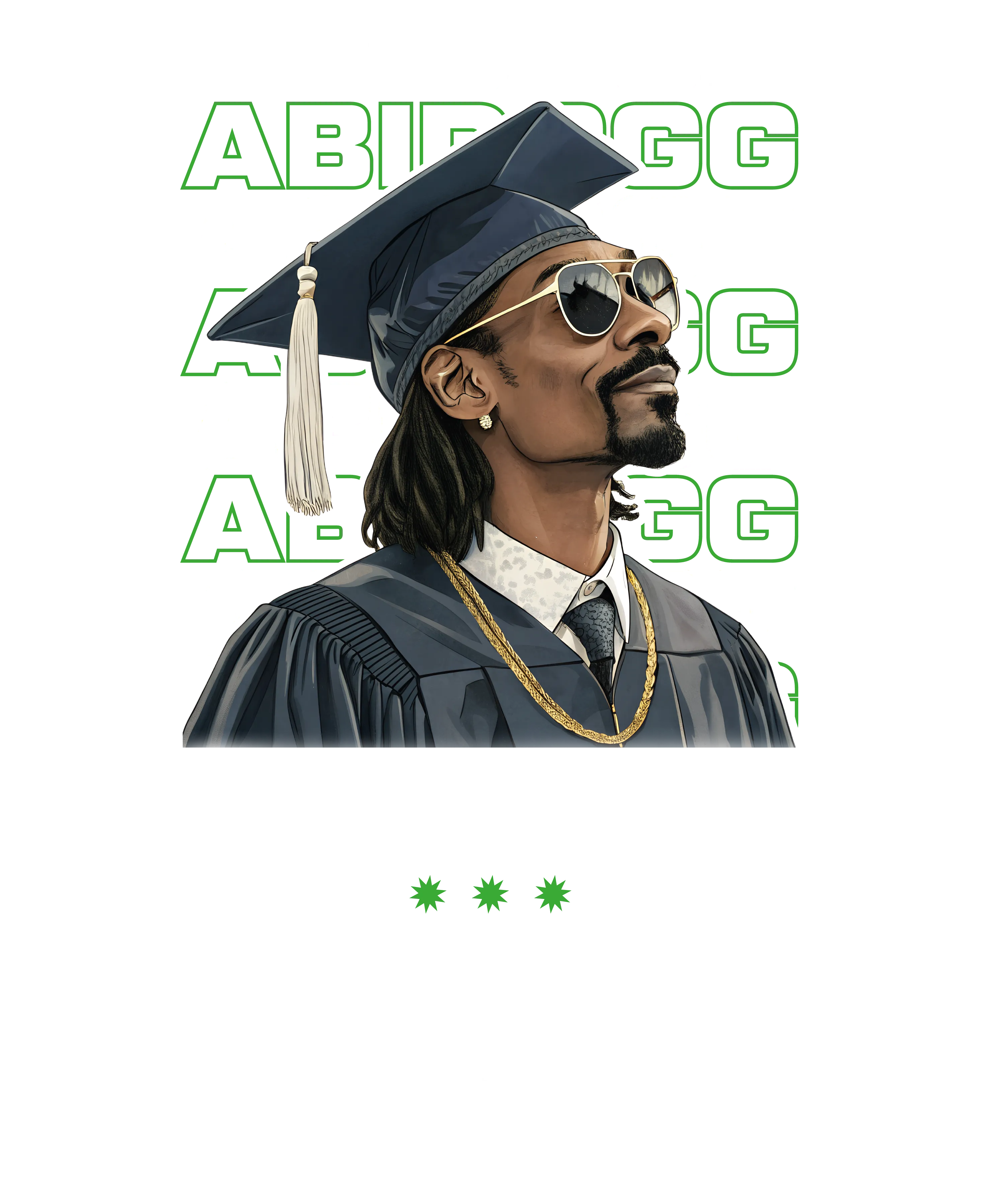 Person mit Sonnenbrille in Abschlussrobe und Barett vor wiederholtem ABIDOGG Schriftzug und Text Der Stoff kam von den Lehrern