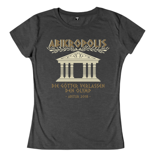 Design eines schwarzen T-Shirts mit weißer Zeichnung eines Tempels und Schriftzug "ABIKROPOLIS".