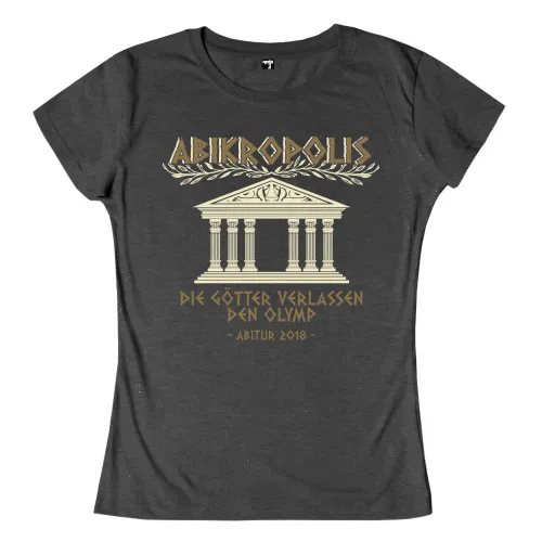 Design eines schwarzen T-Shirts mit weißer Zeichnung eines Tempels und Schriftzug "ABIKROPOLIS".
