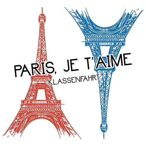 Graues T-Shirt-Design mit rotem Eiffelturm und blauer Freiheitsstatue, Text "Paris, Je T'aime, Klassenfahrt".