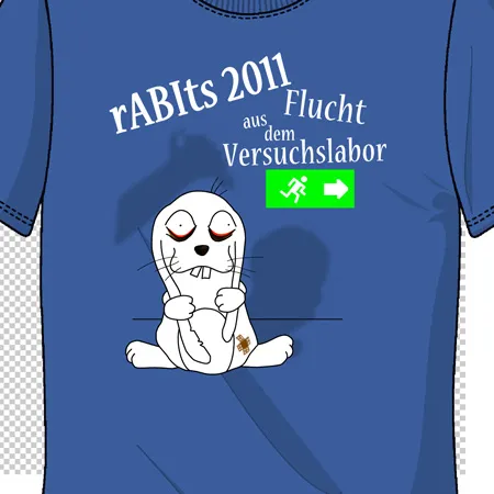Blaues T-Shirt mit einem gezeichneten Kaninchen, Text "rABIts 2011 Flucht aus dem Versuchslabor" und einem grünen Ausgangsschild.