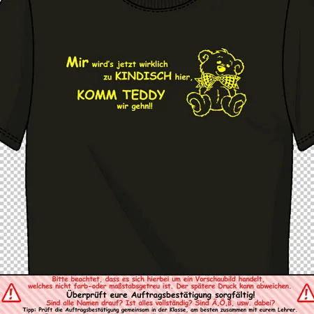 Schwarzes T-Shirt mit gelbem Aufdruck eines Teddybären und dem Text "KOMM TEDDY wir gehn!".