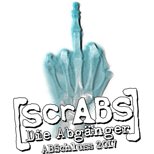 Röntgenbild einer Hand mit erhobenem Mittelfinger, umgeben von Text "scrABS Die Abgänger ABSchluss 2017".