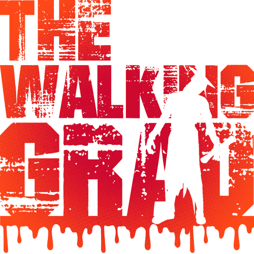 Schwarze Silhouette einer Person mit Gewehr auf orangem, texturiertem Hintergrund mit Text "THE WALKING DEAD".