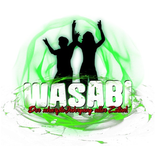 Zwei Silhouetten feiern mit erhobenen Armen vor grünem, leuchtendem Hintergrund mit der Aufschrift "WASABI".