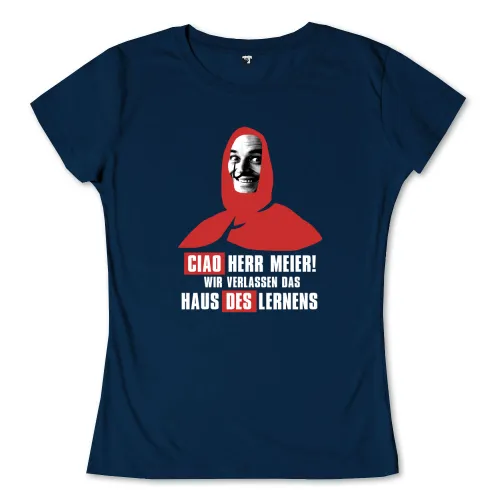 Person in roter Kapuze mit Masken-Gesicht und Text 'Ciao Herr Meier! Wir verlassen das Haus des Lernens' auf blauem Hintergrund.