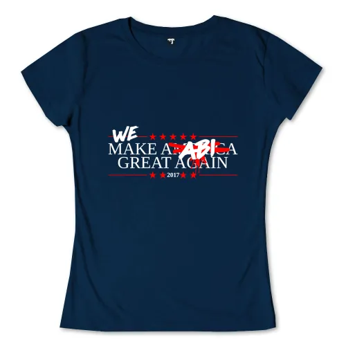 Blaues T-Shirt-Design mit Text "WE MAKE ARABIA GREAT AGAIN", umgeben von roten Sternen und Jahreszahl 2017.