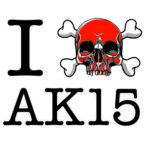 Dunkelblaues T-Shirt Design mit Schädel und Knochen, Text "I AK15" in Weiß.