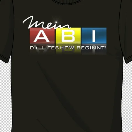 Schwarzes T-Shirt mit der Aufschrift "Mein ABI" und "Die Lifeshow beginnt!" auf der Brust.