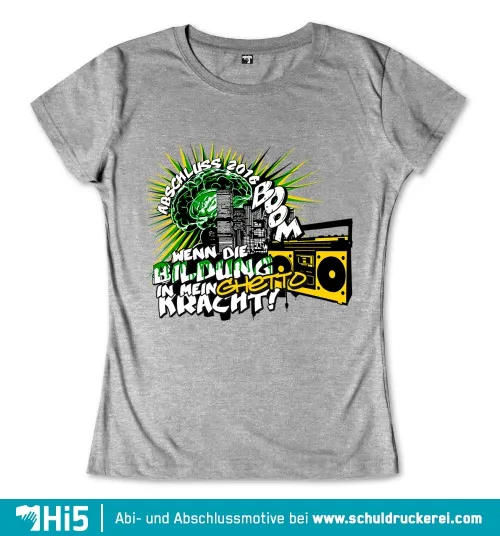 Design für ein Abi-T-Shirt 2016 mit Comic-Gehirn und Text 'Wenn die Bildung in mein Ghetto kracht!'.