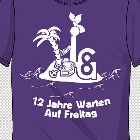 Grafisches lila T-Shirt mit einem weißen Druck, der eine Insel, Palme und diverse Gegenstände zeigt, Text: "12 Jahre Warten auf Freitag".