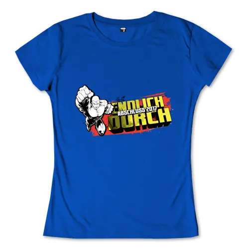 Comicfigur bricht durch Text 'Endlich Abschluss 2017' auf blauem Hintergrund.