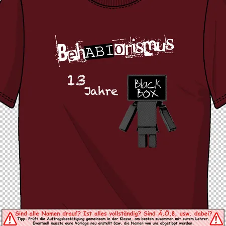 Ein rotes T-Shirt mit den Wörtern "Behaviorismus", "13 Jahre", und einem schwarzen Roboter auf einer Tafel.