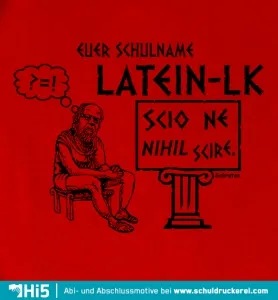 Illustration eines Gelehrten auf rotem Hintergrund, der sagt: "SCI0 NE NIHIL SCIRE".