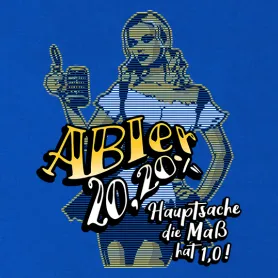 Illustration einer blonden Frau in Tracht, die ein Bier hält, mit Text "AbiBier 2020".