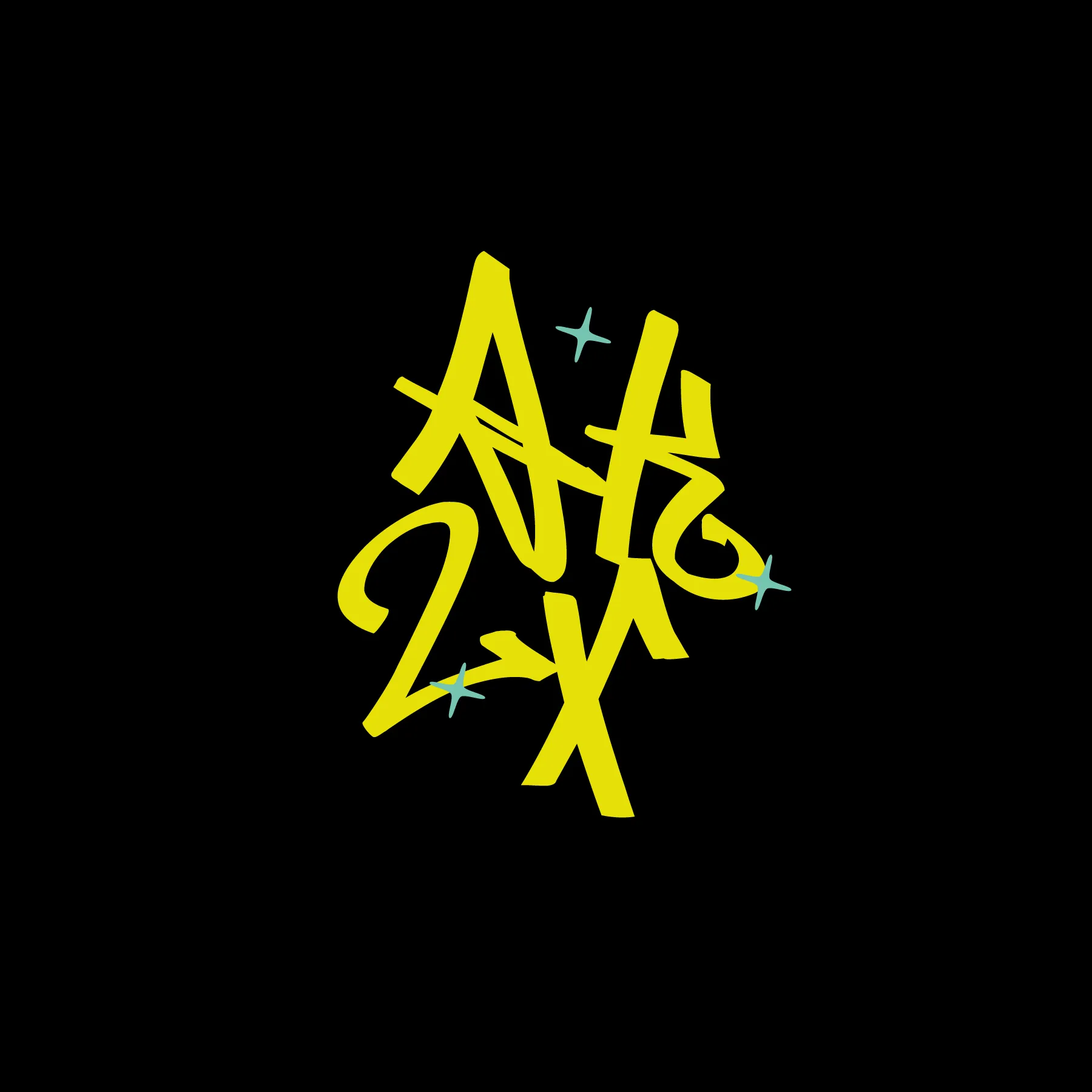 Überlappende gelbe Buchstaben in Graffiti Schrift auf schwarzem Hintergrund mit kleinen blauen Sternformen
