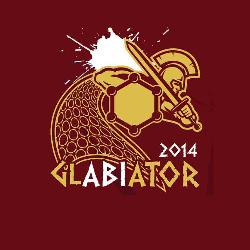 Grafik eines Gladiators in Rüstung mit Schwert auf bordeauxrotem Hintergrund, Text "2014 GLADIATOR"
