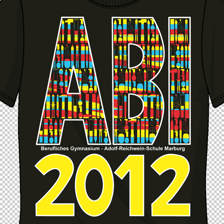 T-Shirt mit "ABI 2012" in großen bunten Buchstaben und Schulname darunter.