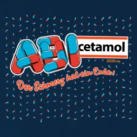 Illustration von roten und blauen Kapseln mit dem Text "Paracetamol" und "Der Schmerz hat ein Ende!".