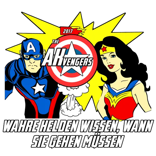 Zeichnung von zwei Superhelden mit dem Text "The AKvengers" und "Wahre Helden wissen, wann sie gehen müssen".