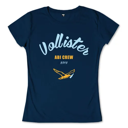 Dunkelblaues T-Shirt-Design mit der Aufschrift 'Vollister ABI CREW 2018' und einem gelben Vogel-Logo darunter.