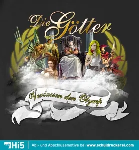 Illustration von verschiedenen mythologischen Figuren vor einem dunklen Hintergrund.