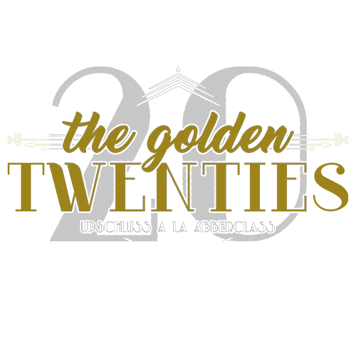 Grafik mit der Aufschrift "The Golden Twenties" in Weiß und Gold auf schwarzem Hintergrund.