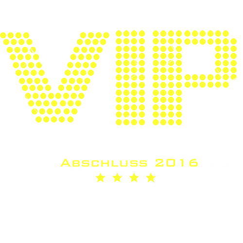 Gelbe VIP-Buchstaben auf dunklem Hintergrund mit Text 'Very Important Pupils Abschluss 2016' und Sternen.