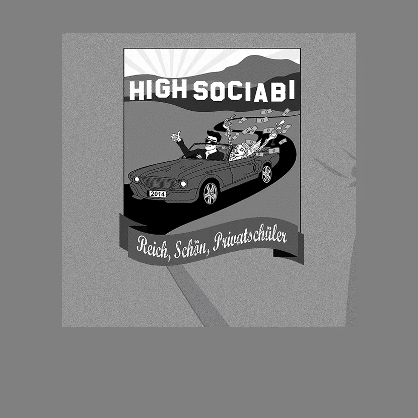 Comicartiges Poster eines alten Cabrios mit zwei Figuren, Aufschrift "HIGH SOCIABL", Jahr "2014".
