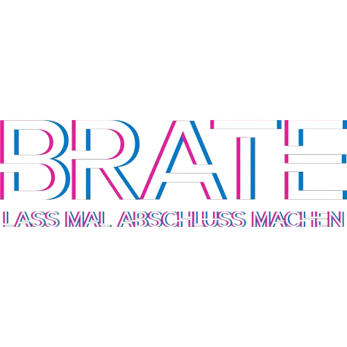 Schwarzes T-Shirt mit Aufdruck "BRATE LASS MAL ABSCHLUSS MACHEN" in bunten Neonfarben.