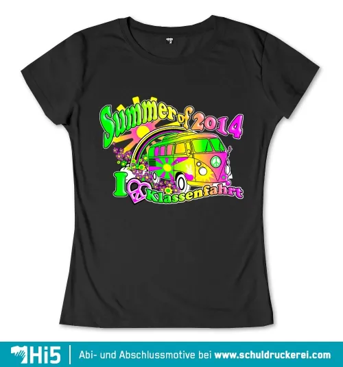 Buntes Design mit einem Hippie-Van, Regenbogen und dem Text 'Summer of 2014 I 