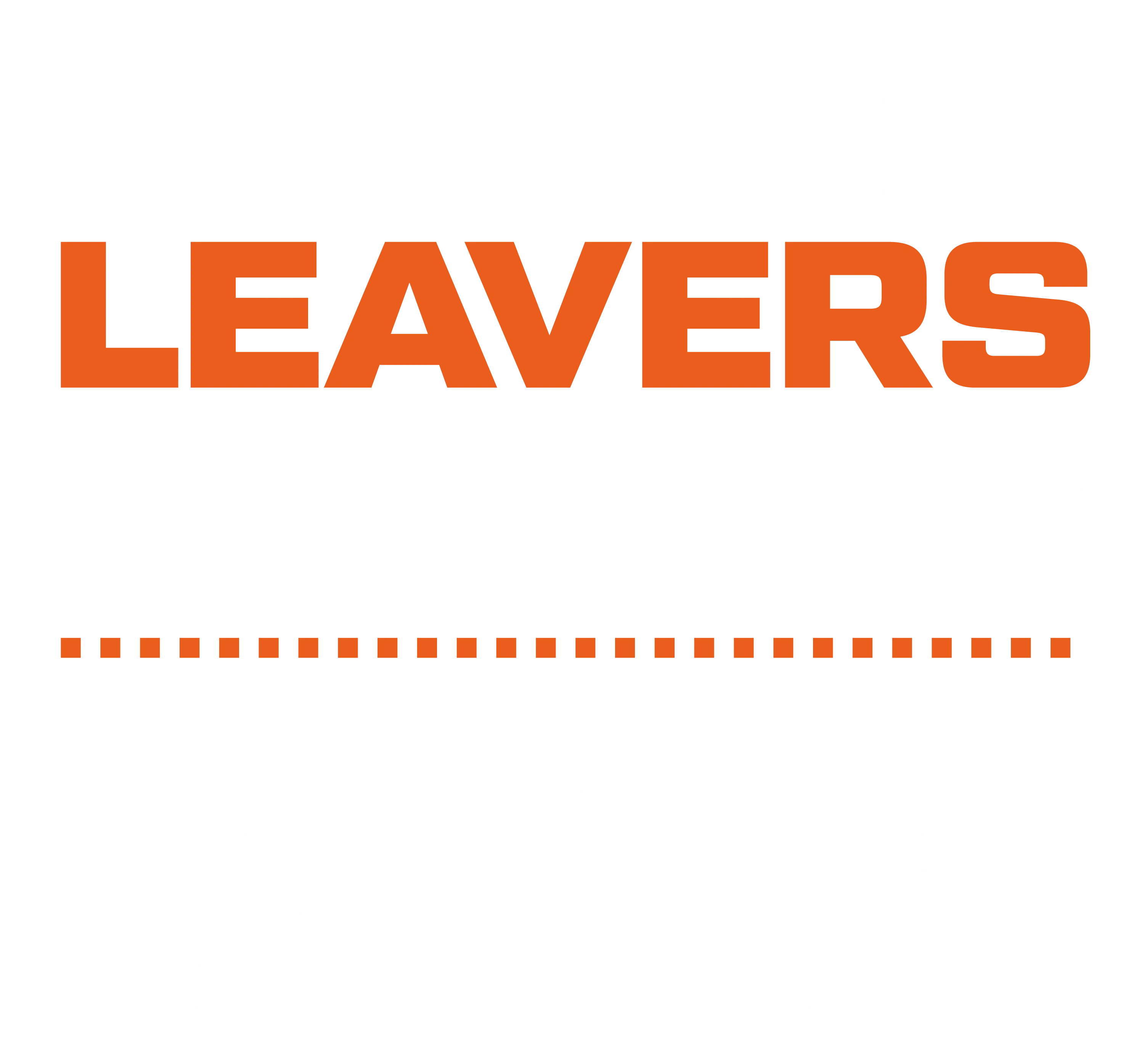 Schwarzer Hintergrund mit weiss umrandetem und orangefarbenem LEAVERS Schriftzug, dazu eine Reihe orangefarbener Quadrate und eine weisse Namensliste