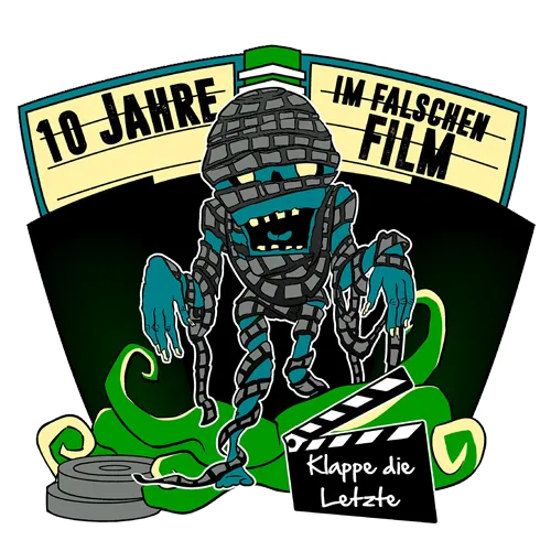 Grafik eines Roboters im Filmstil mit Tentakeln und Filmklappe, Text "10 Jahre - Im falschen Film".