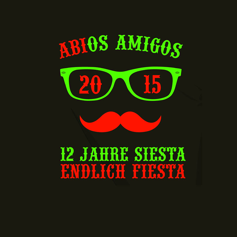 Leuchtende Neondarstellung mit Brille, Schnurrbart und Text "Abios Amigos, 2015, 12 Jahre Siesta, Endlich Fiesta".