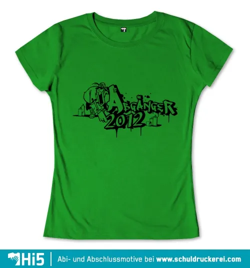 Grafik auf grünem Hintergrund mit Text "Abgänger 2012" und Rucksack tragender Figur in Schwarz.
