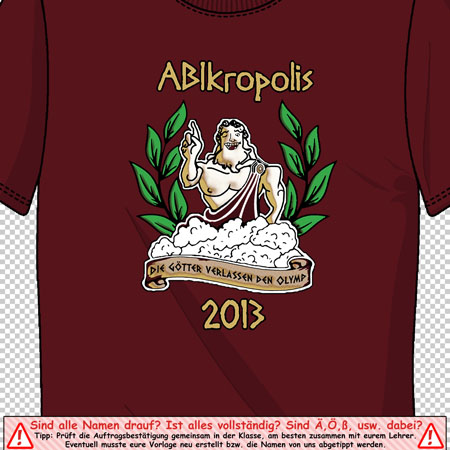Grafik eines antiken griechischen Gottes mit der Aufschrift "Abikropolis 2013, Die Götter verlassen den Olymp".