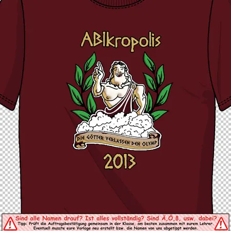 Grafik eines antiken griechischen Gottes mit der Aufschrift "Abikropolis 2013, Die Götter verlassen den Olymp".