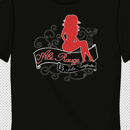 Schwarzes T-Shirt mit rotem und weißem Aufdruck, inklusive Silhouette einer sitzenden Frau und Text.