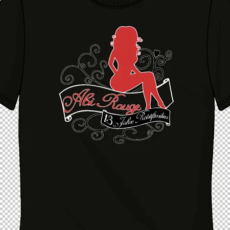 Schwarzes T-Shirt mit rotem und weißem Aufdruck, inklusive Silhouette einer sitzenden Frau und Text.