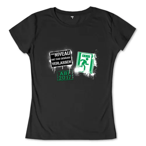 Zwei Plakate auf schwarzem Hintergrund, eines mit Text "Das Niveau hat das Gebäude verlassen", das andere im Exit-Schild-Stil mit "ABI 2017".