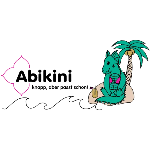 Illustration eines grünen Drachens auf einer Insel mit Palme, neben dem Logo "Abikini".