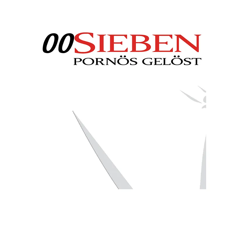 Grafik mit dem Text "00SIEBEN PORNÖS GELÖST" in Rot und Schwarz, sowie abstrakten grauen Formen auf weißem Grund.