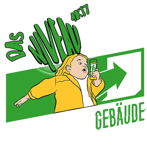 Frau in gelber Jacke mit Mikrofon neben grünem Pfeil und Text "Das Niveau verlässt das Gebäude AK17"