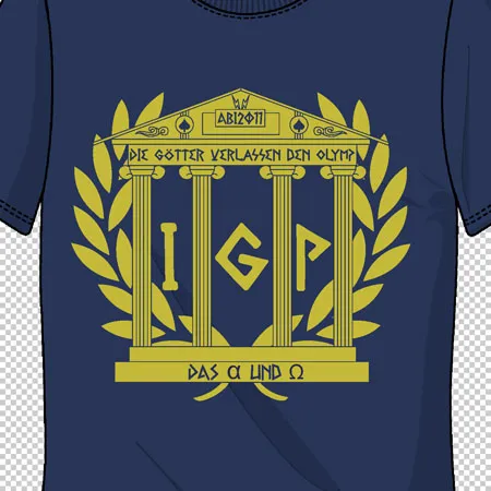 Blaues T-Shirt mit goldener Grafik, die griechische Säulen und Lorbeerkränze zeigt.