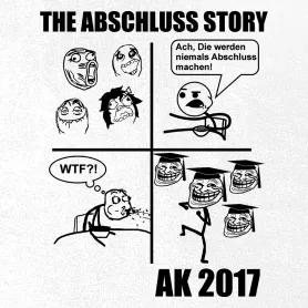 Comic-Panel in Schwarz-Weiß mit Trollface, graduierenden Charakteren und Sprechblasen.