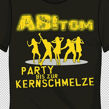 Schwarzes T-Shirt mit gelbem Aufdruck, zeigt fünf tanzende Menschen und Text "ABLÖM PARTY BIS ZUR KERNSCHMELZE".