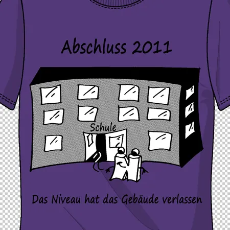 Violettes T-Shirt mit Aufdruck eines Karikatur-Schulgebäudes, Text "Abschluss 2011" oben, "Das Niveau hat das Gebäude verlassen" unten.