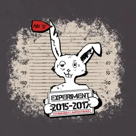 Zeichnung eines Hasen mit Schild "Experiment 2015-2017", Hintergrund zeigt Messskala.