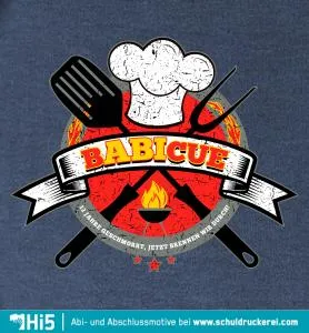 Illustration eines Kochs in rotem Hemd mit Grillzubehör und dem Wort 'BABICUE'.